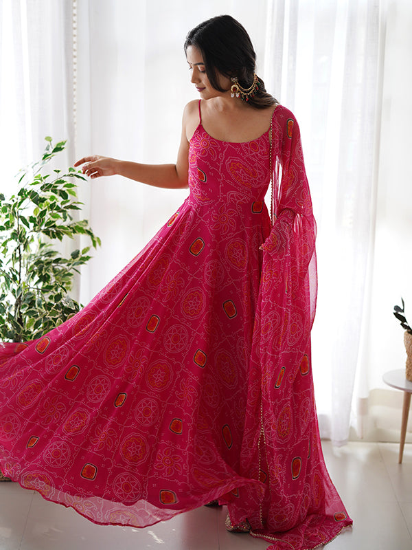 Bandhej Pink Chiffon Printed Gown With Pant & Dupatta Set