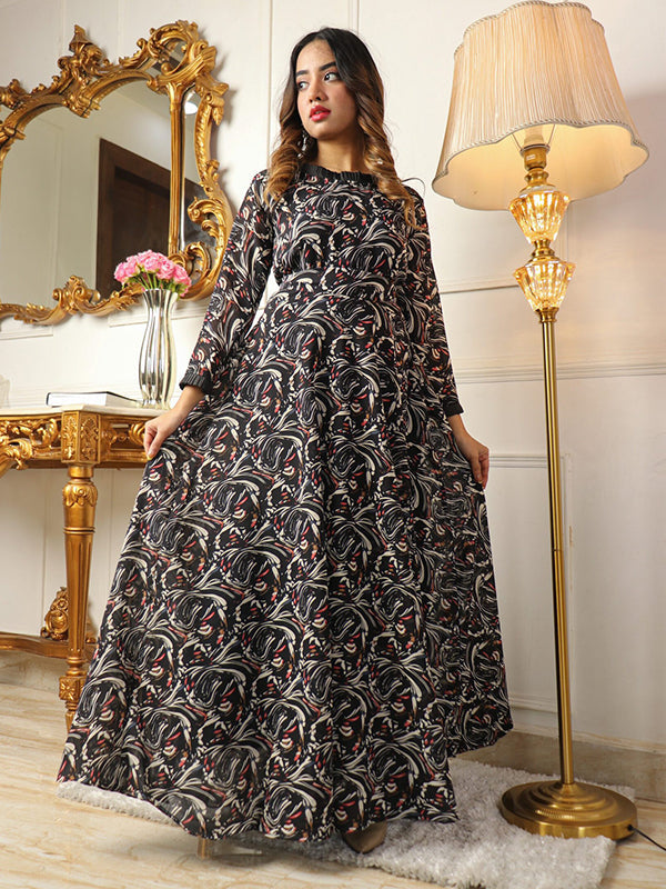 Printed Black Georgette Maxi Dress