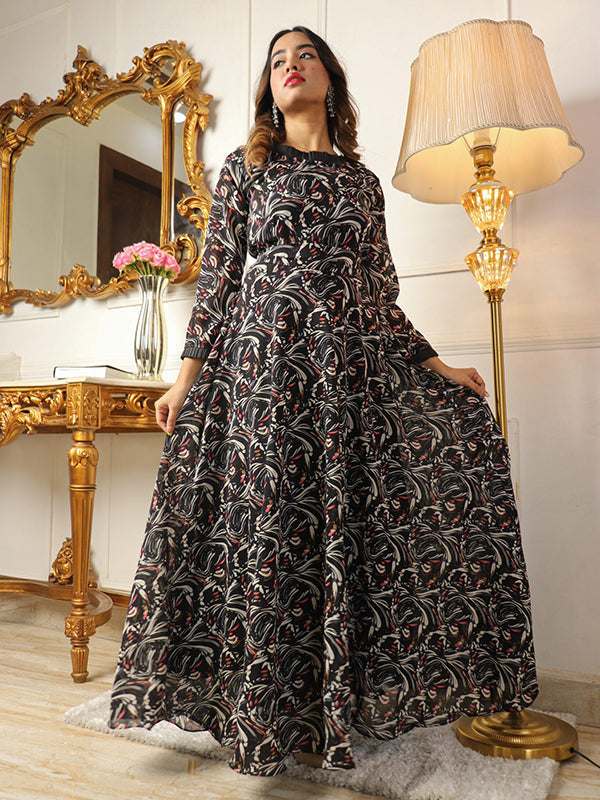 Printed Black Georgette Maxi Dress