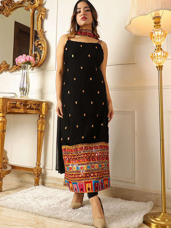 Embellished Black Thread Work Kurta With Trouser & Dupatta