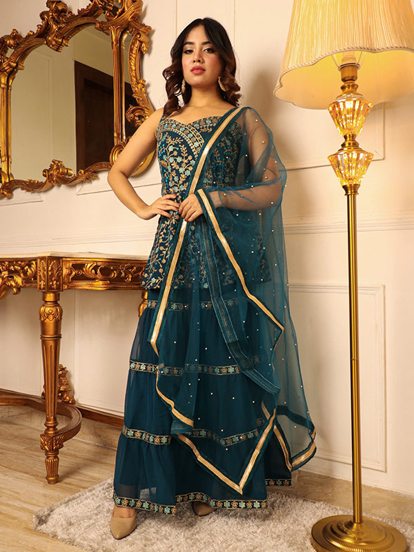 Teal Green Embroidered Kurta With Sharara & Dupatta Set