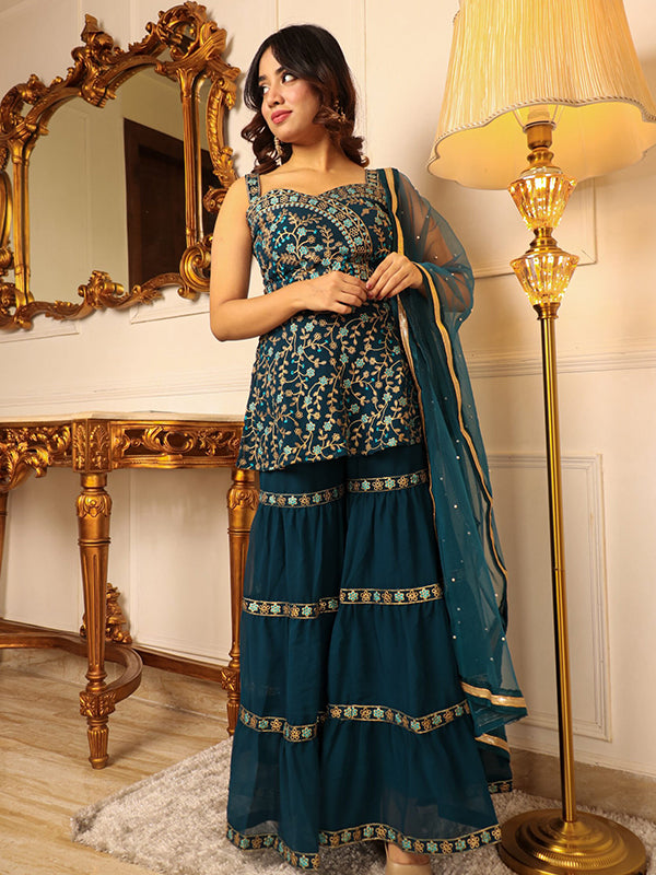 Teal Green Embroidered Kurta With Sharara & Dupatta Set